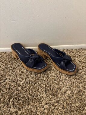 Bernardo New Leather Navy Knotted Cork Block Heel Sandals